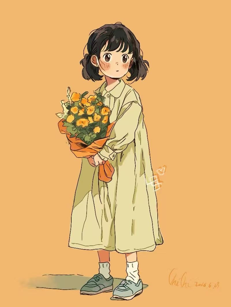 Illustration of a girl in a pale green dress holding a bouquet of yellow flowers, against a golden background