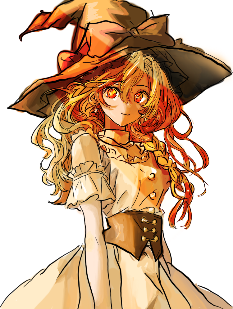 An illustrated character with golden hair and a large pointed hat in warm orange light