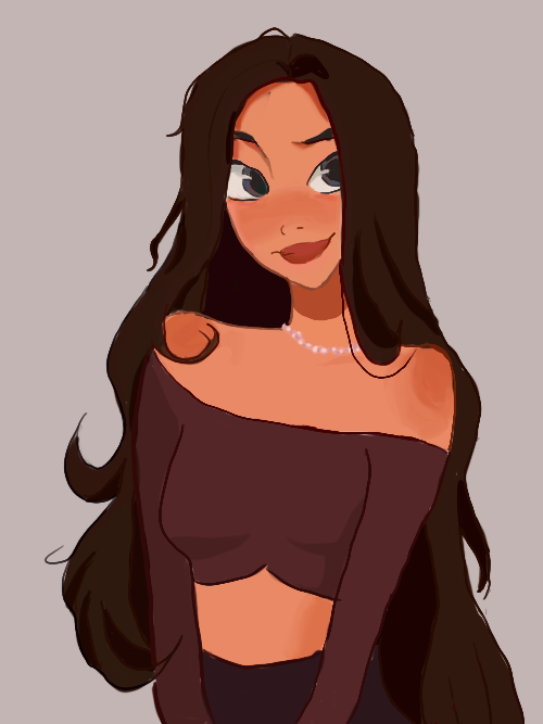 A dark-haired illustrated character wearing a plum-colored top and a pearl necklace