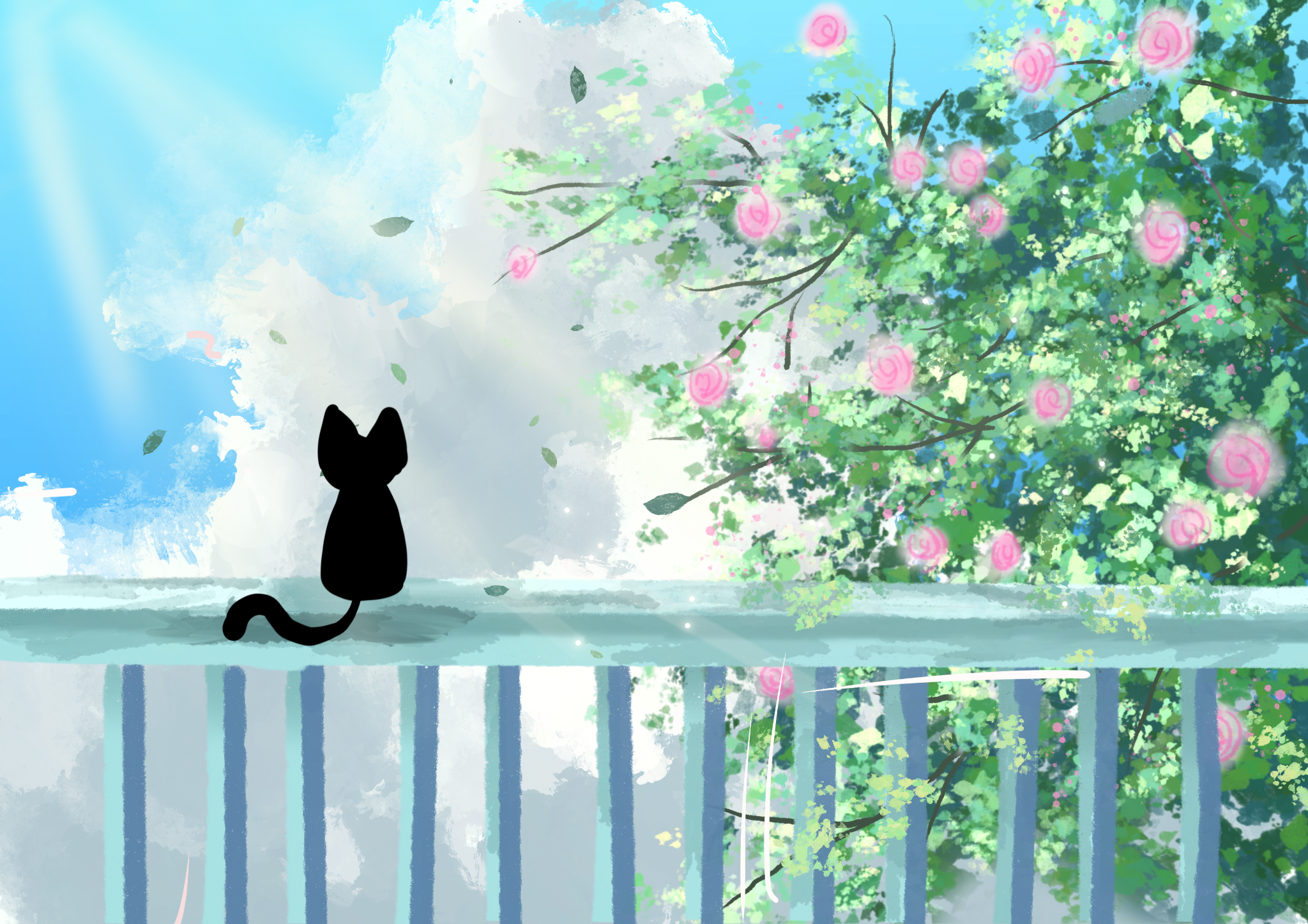 A black cat sitting on a balcony rail beside green foliage and pink blossoms against a bright sky