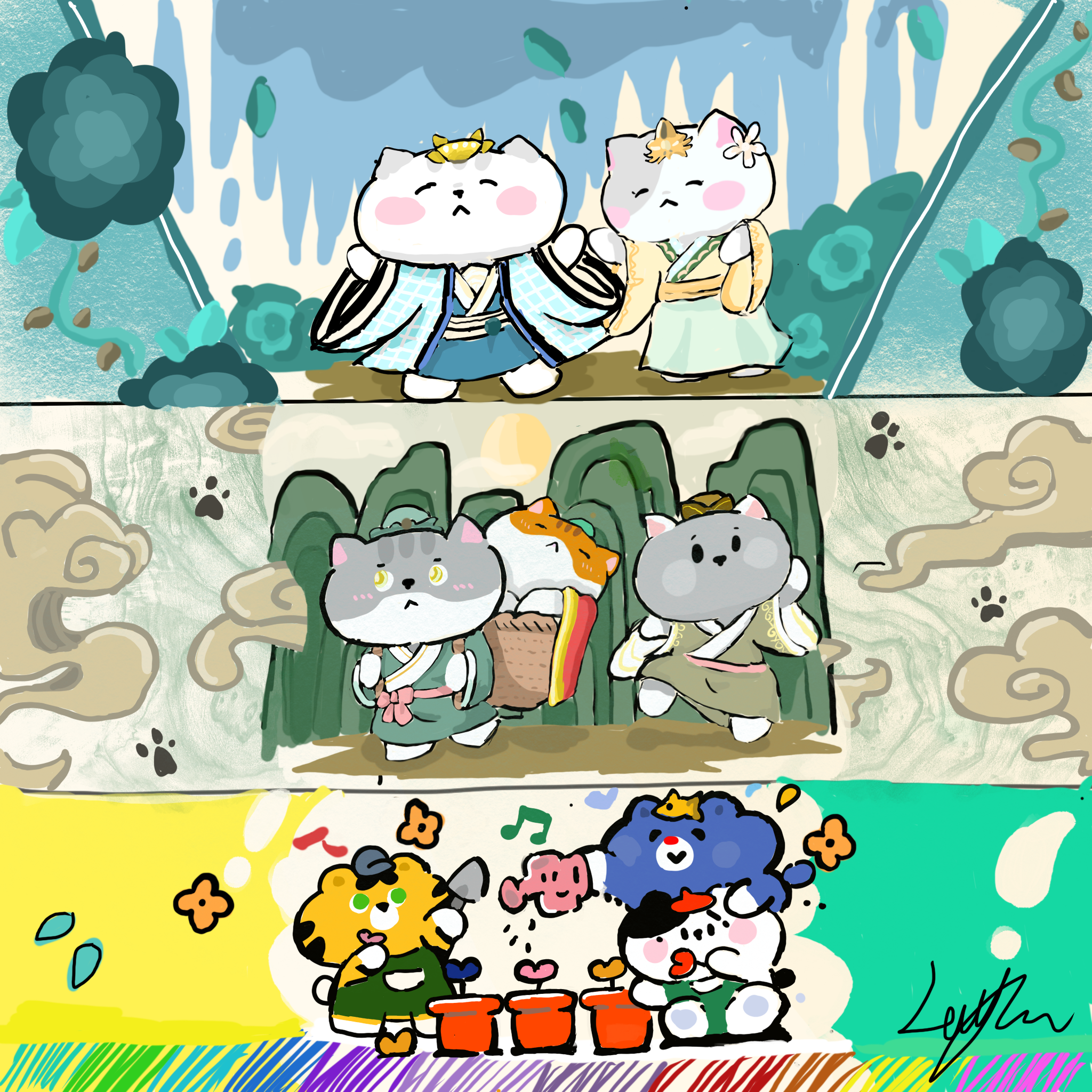 Three colorful illustrated panels of cartoon cats wearing costumes and playing music