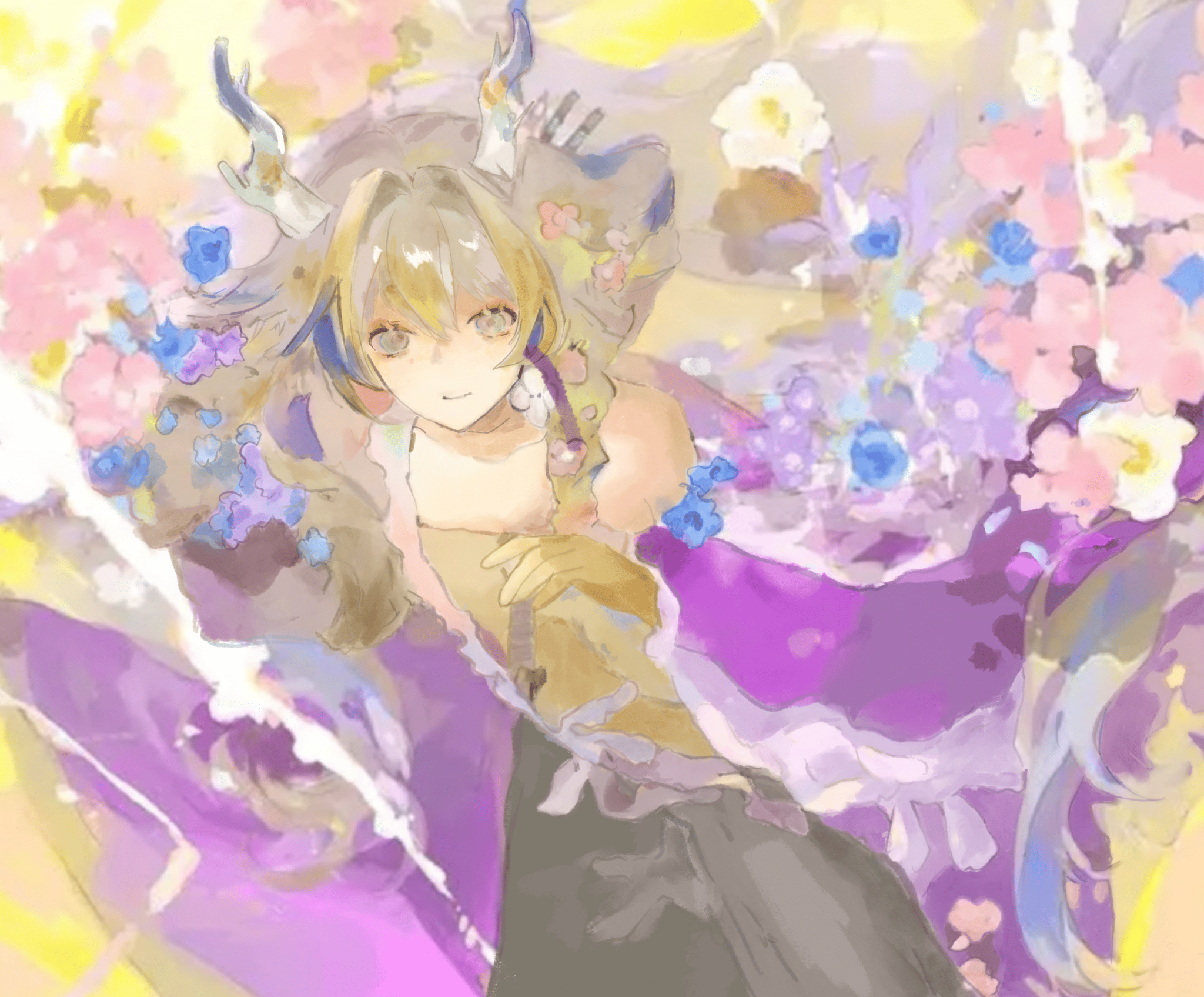 A golden-haired fantasy character with antler-like horns amid soft pink, blue and purple blossoms