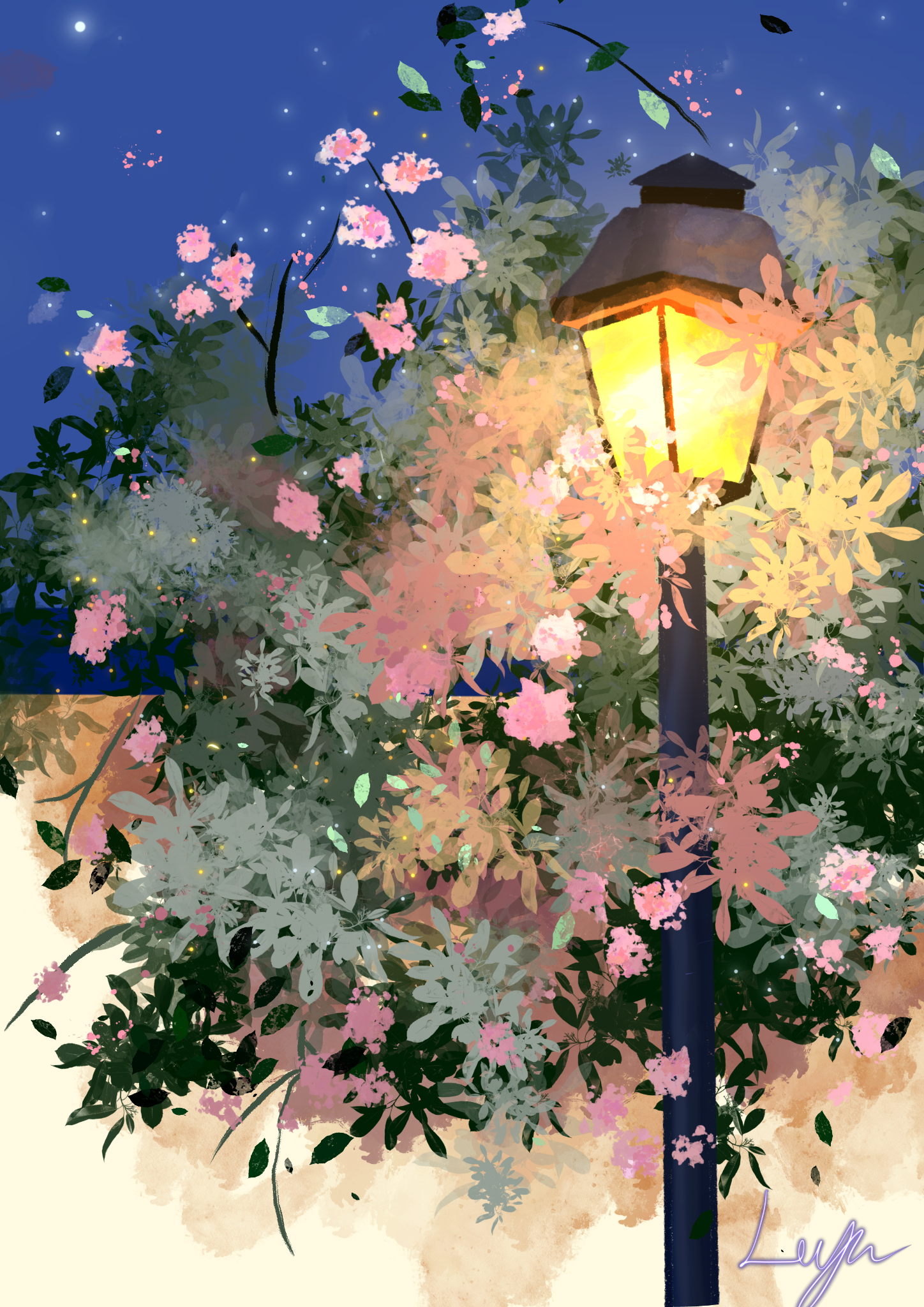 A glowing lantern surrounded by pink blossoms and foliage beneath a deep blue night sky