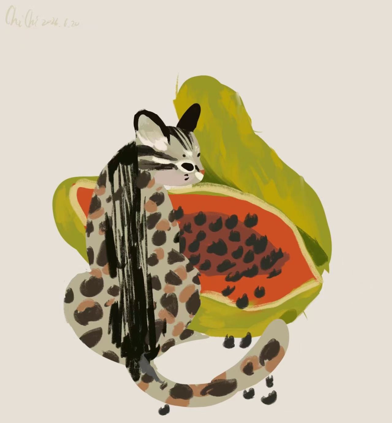 A spotted cat sitting beside a bright orange papaya with black seeds and green skin