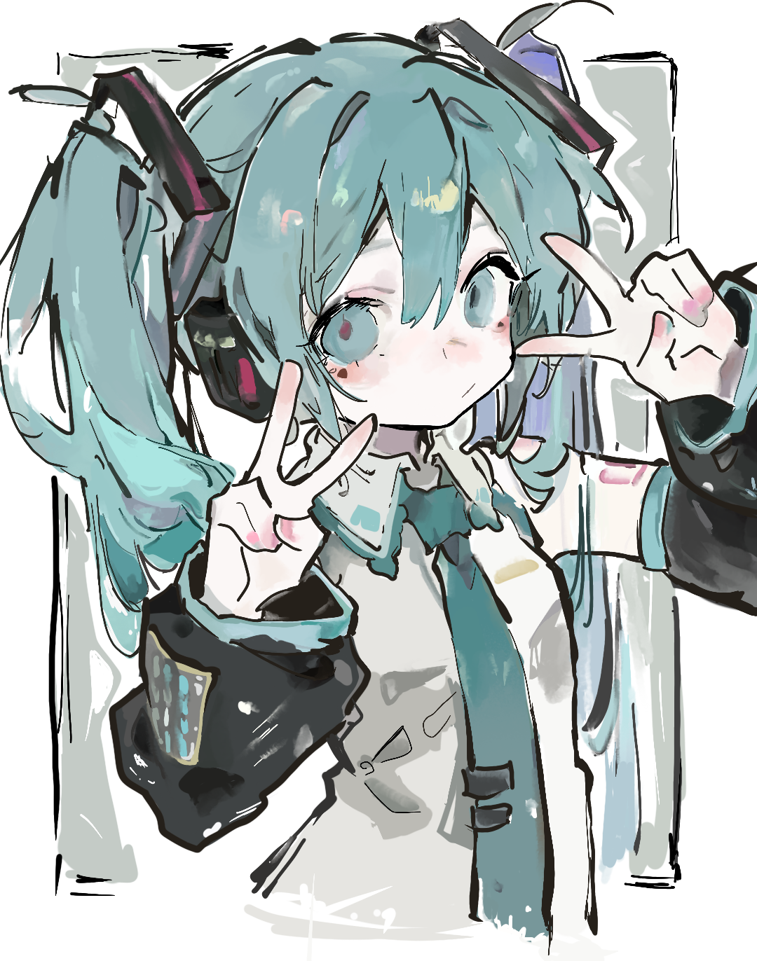 An illustrated teal-haired character wearing headphones and holding up two peace signs