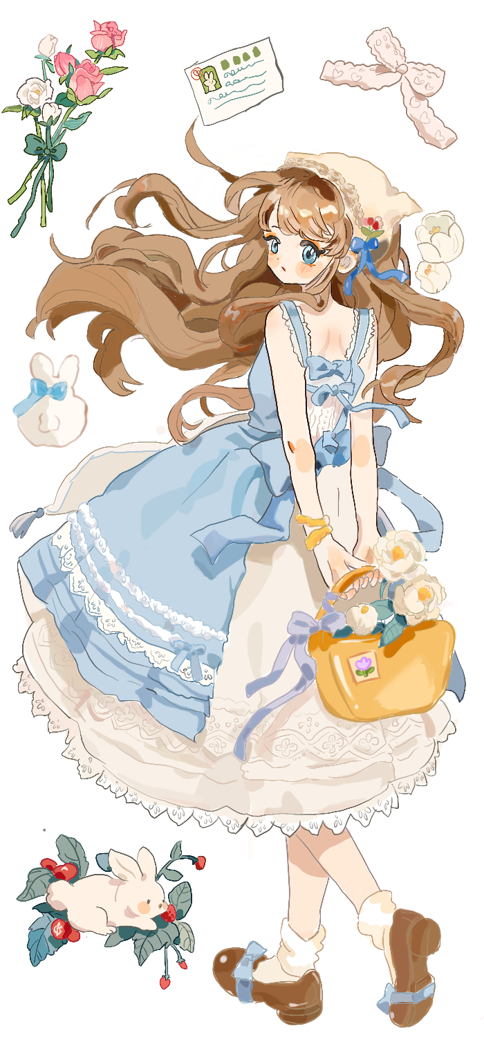 An illustrated character in a flowing blue dress with flowers, bows, a basket and a rabbit