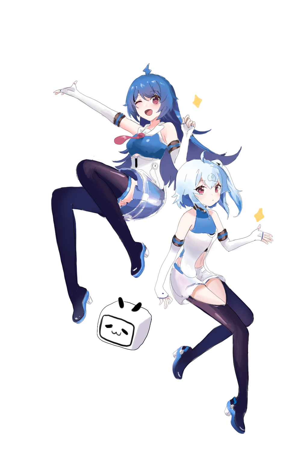 Two blue-haired illustrated characters in blue and white costumes
