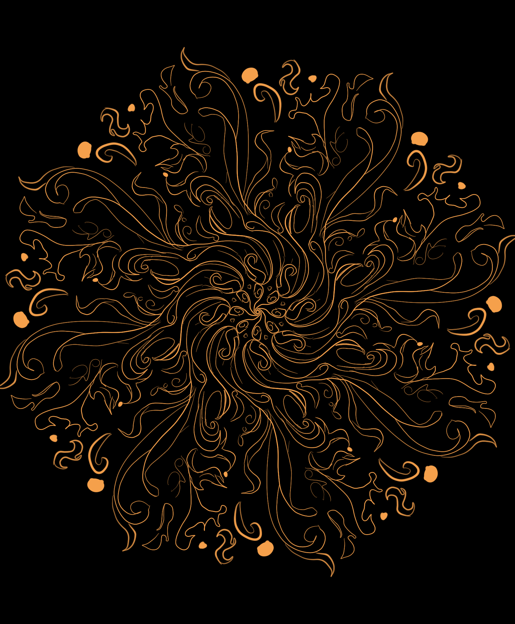 An intricate radial pattern of flowing golden lines on a black background